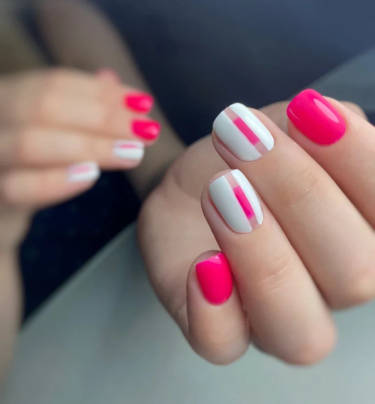 Neon Bright Summer Nails pink white